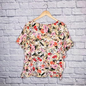 New Ellen Tracy Large L White Pink Floral Ruffle Sleeve Boxy Fit‎ Top Blouse